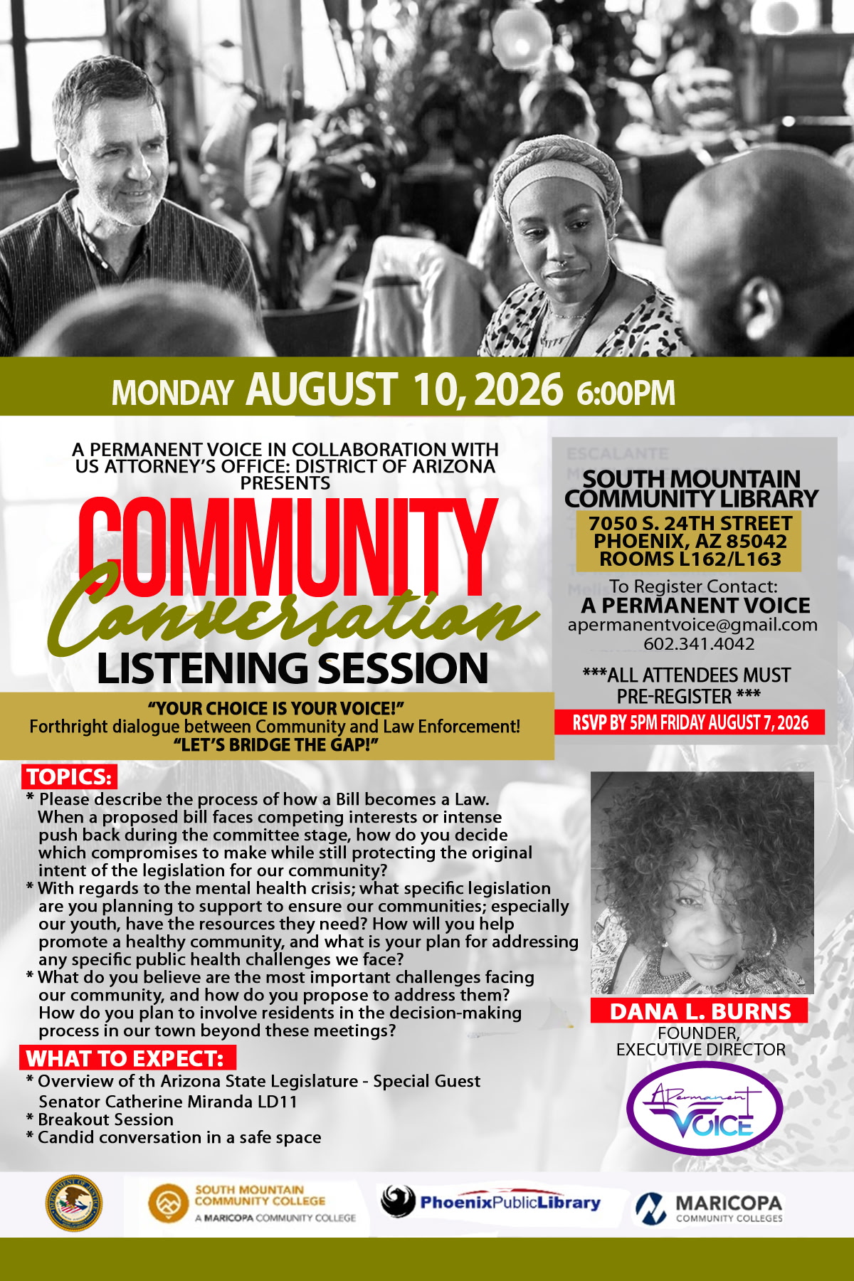 Community Conversation Listeing Session Phoenix AZ with Senator Miranda - August 10 2026 - APV